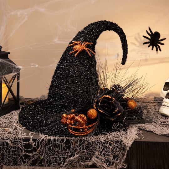 16" Black Tinsel Witch's Hat with Orange Glittered Roses Halloween Decoration